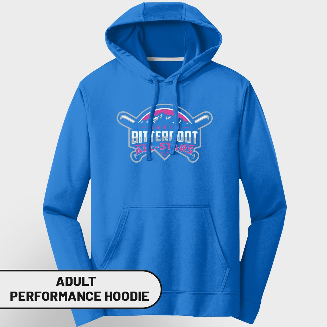 Blue adult performance hoodie with "Bitterroot All-Stars" logo.