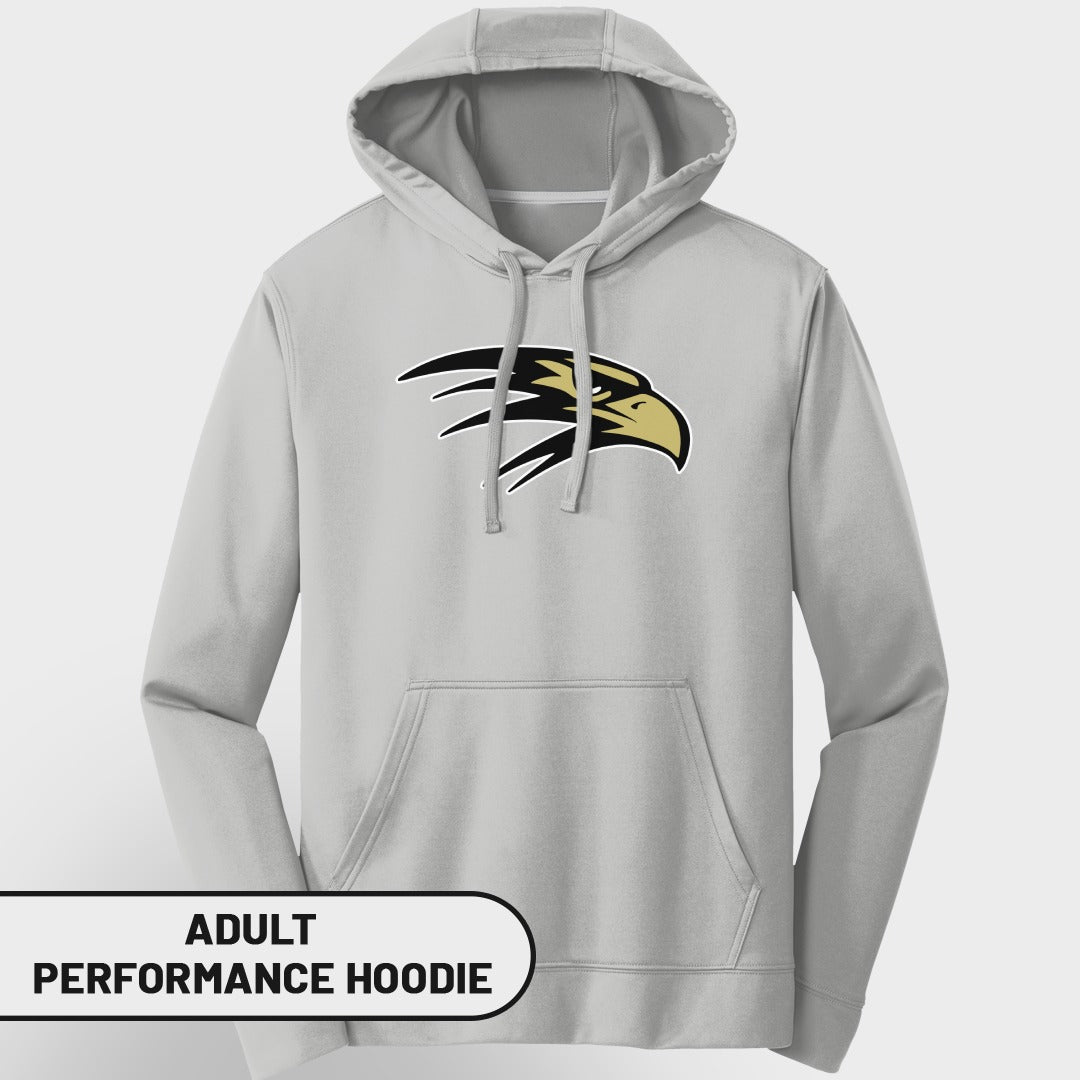 Light gray adult performance hoodie with black and gold eagle head logo and text.