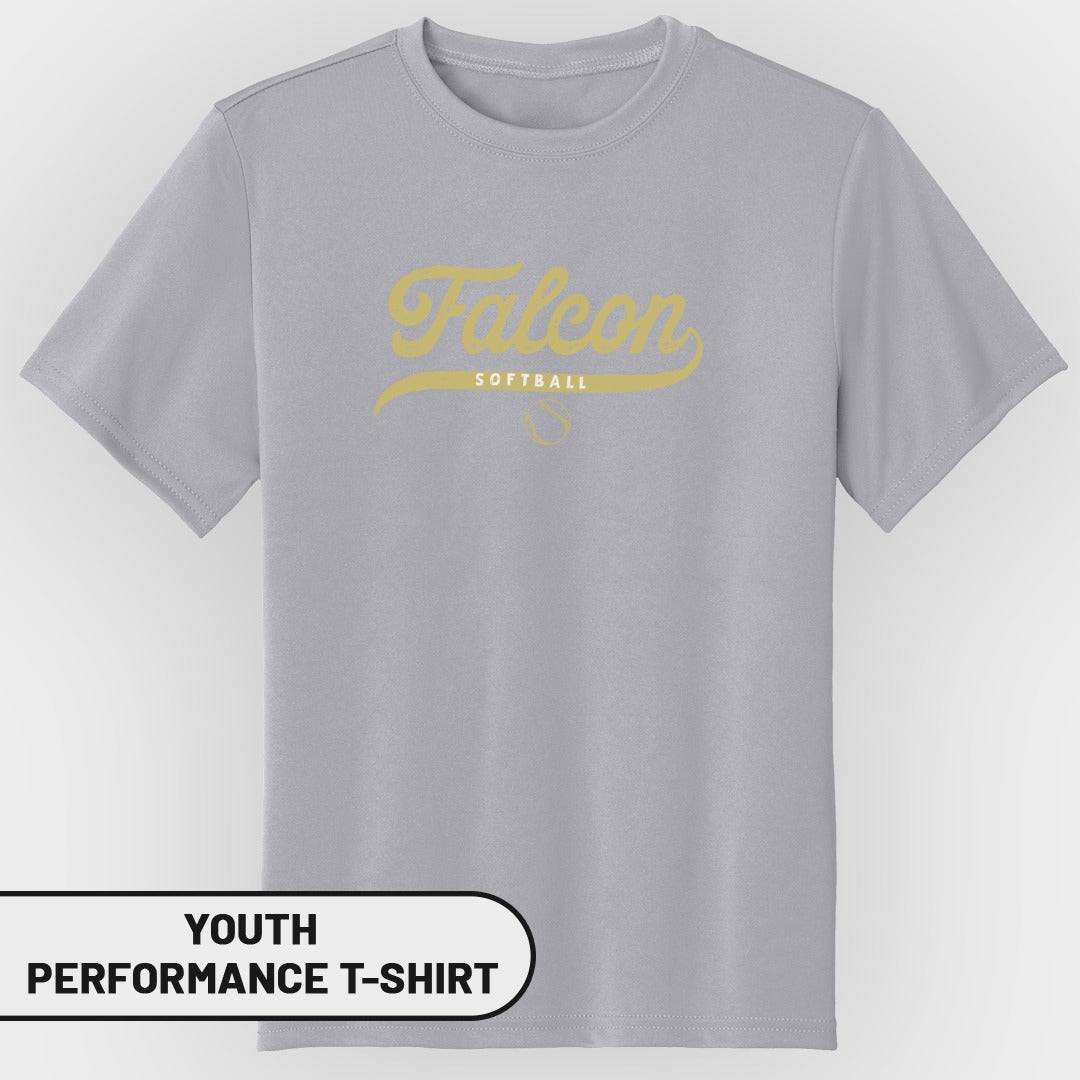 Grey youth performance t-shirt with "Falcon Softball" text in gold.