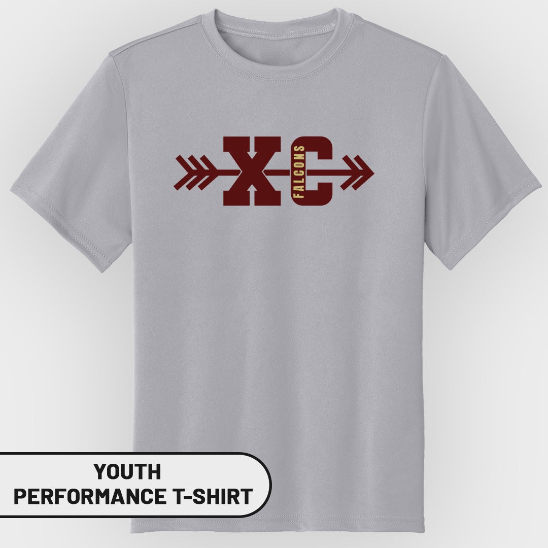 Gray youth performance t-shirt with maroon "XC Falcons" graphic.