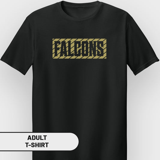 Black adult t-shirt with "FALCONS" printed in gold text on a diagonal striped background.