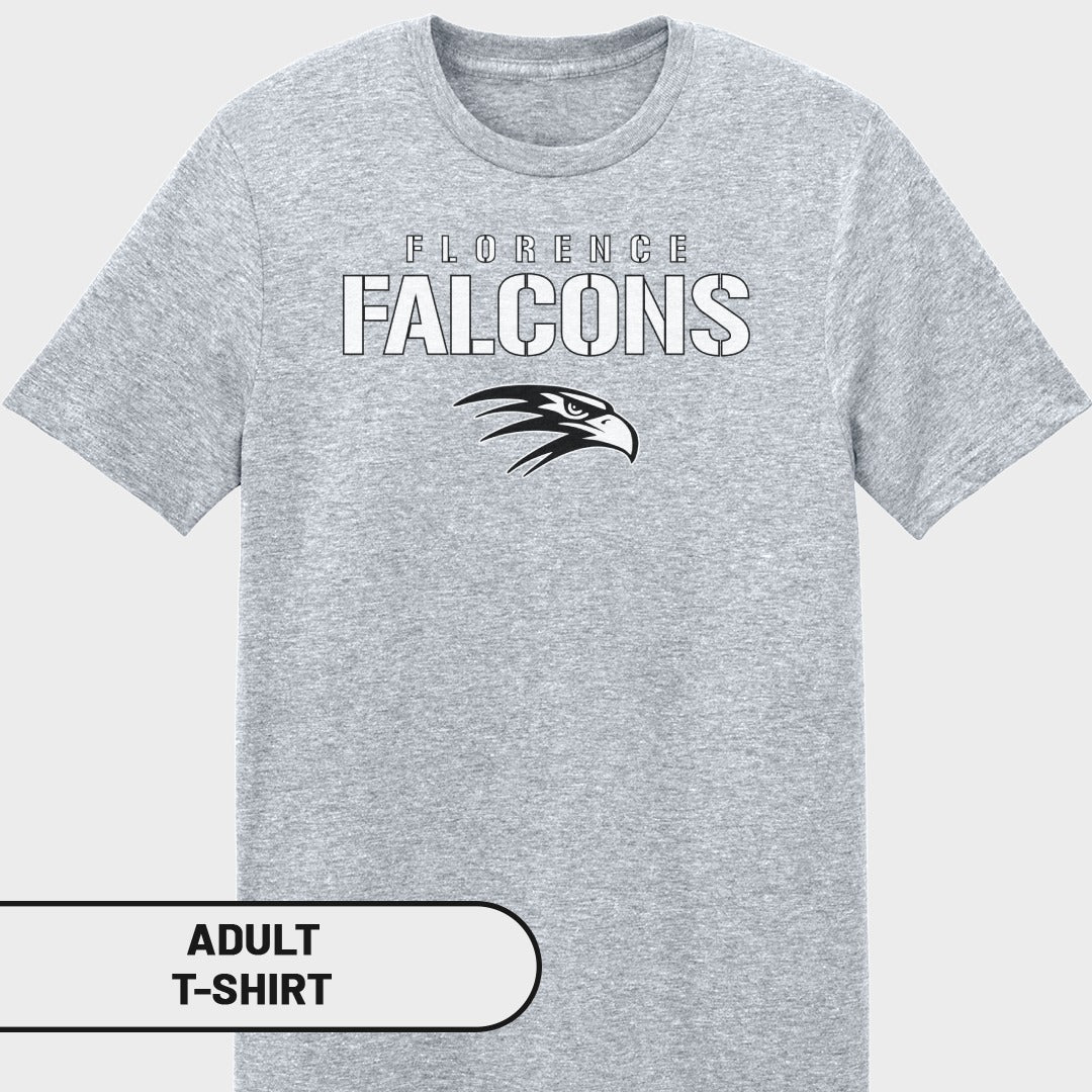 Grey adult t-shirt with "Florence Falcons" text and a stylized eagle head logo.