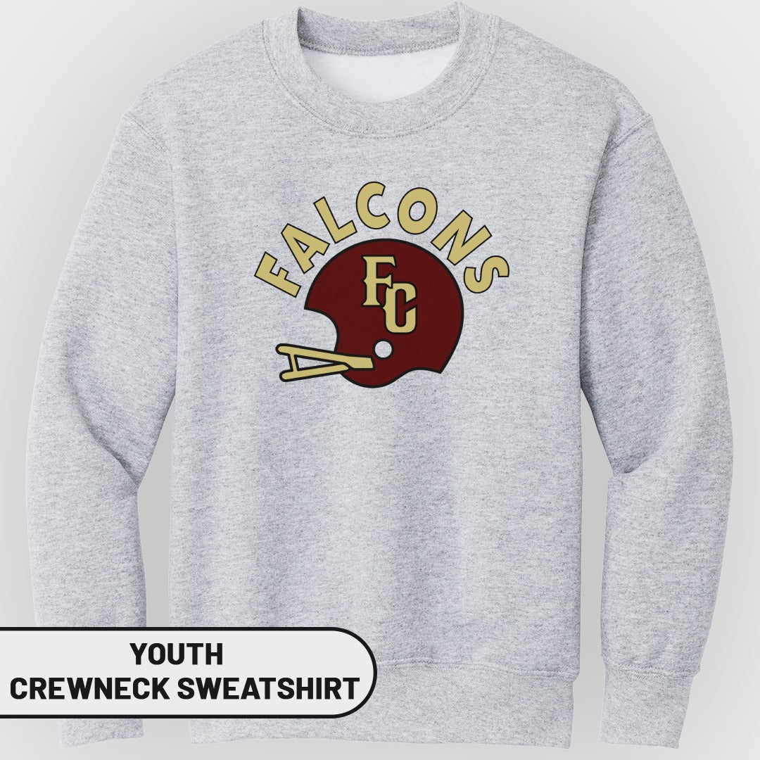 Youth grey crewneck sweatshirt with maroon and gold Falcons football helmet logo.