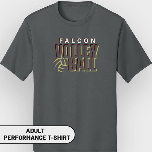 Adult charcoal grey t-shirt with "Falcon Volleyball" text and volleyball graphic.