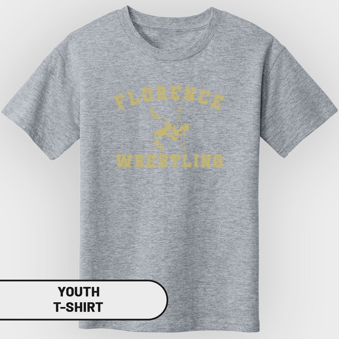 Youth grey t-shirt with "Florence Wrestling" text and wrestler graphic.