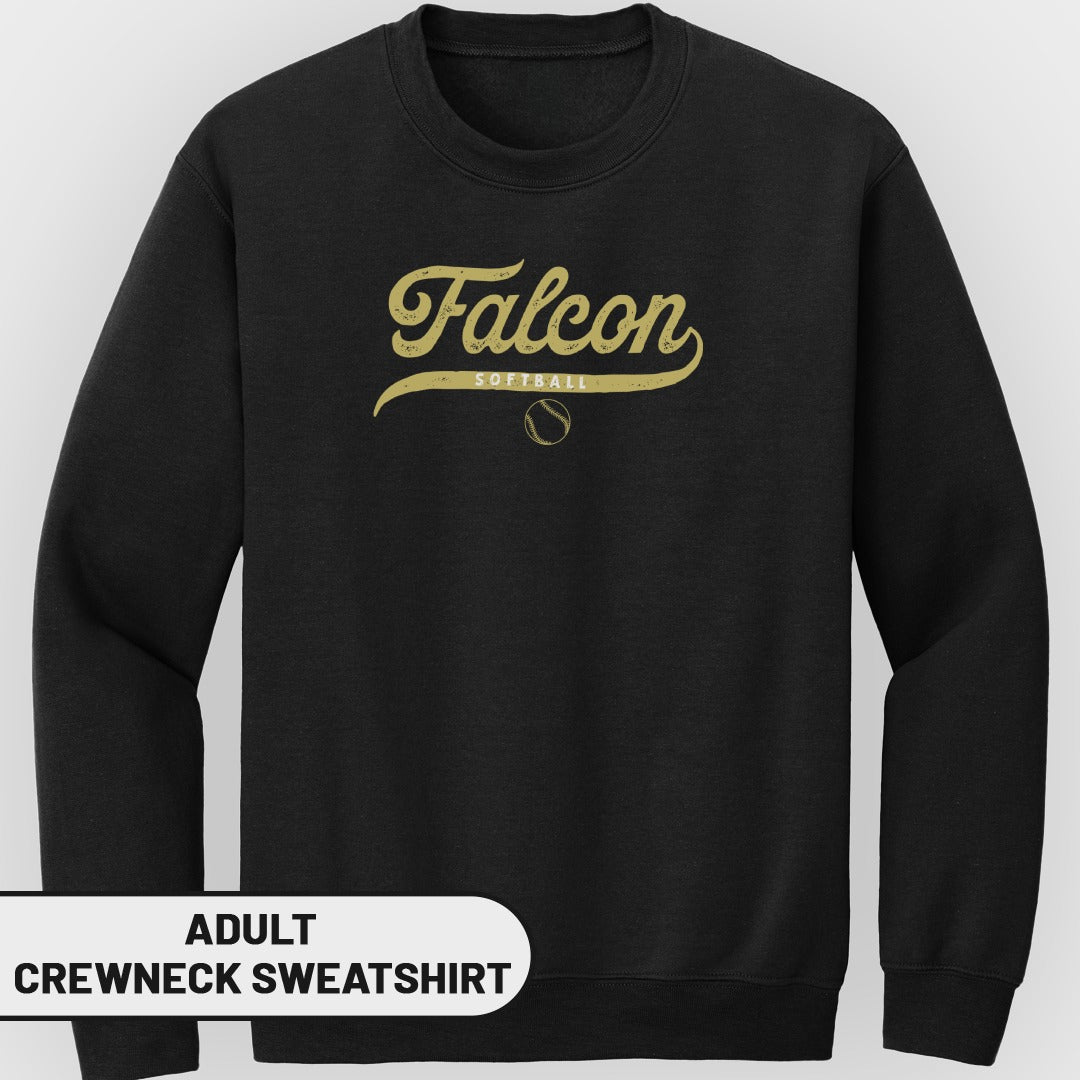 Black adult crewneck sweatshirt with distressed gold "Falcon Softball" and baseball graphic.