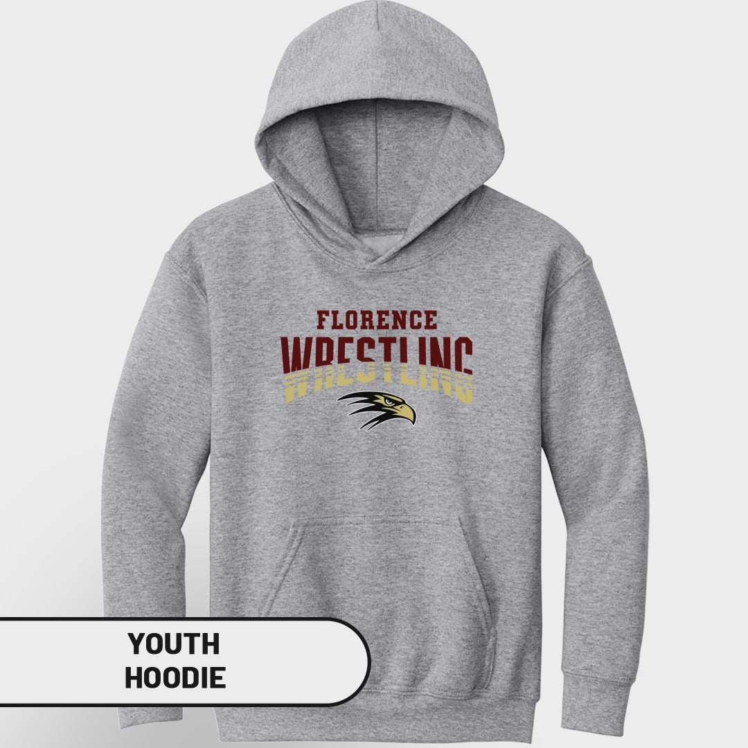 Grey youth hoodie with "Florence Wrestling" and an eagle graphic.