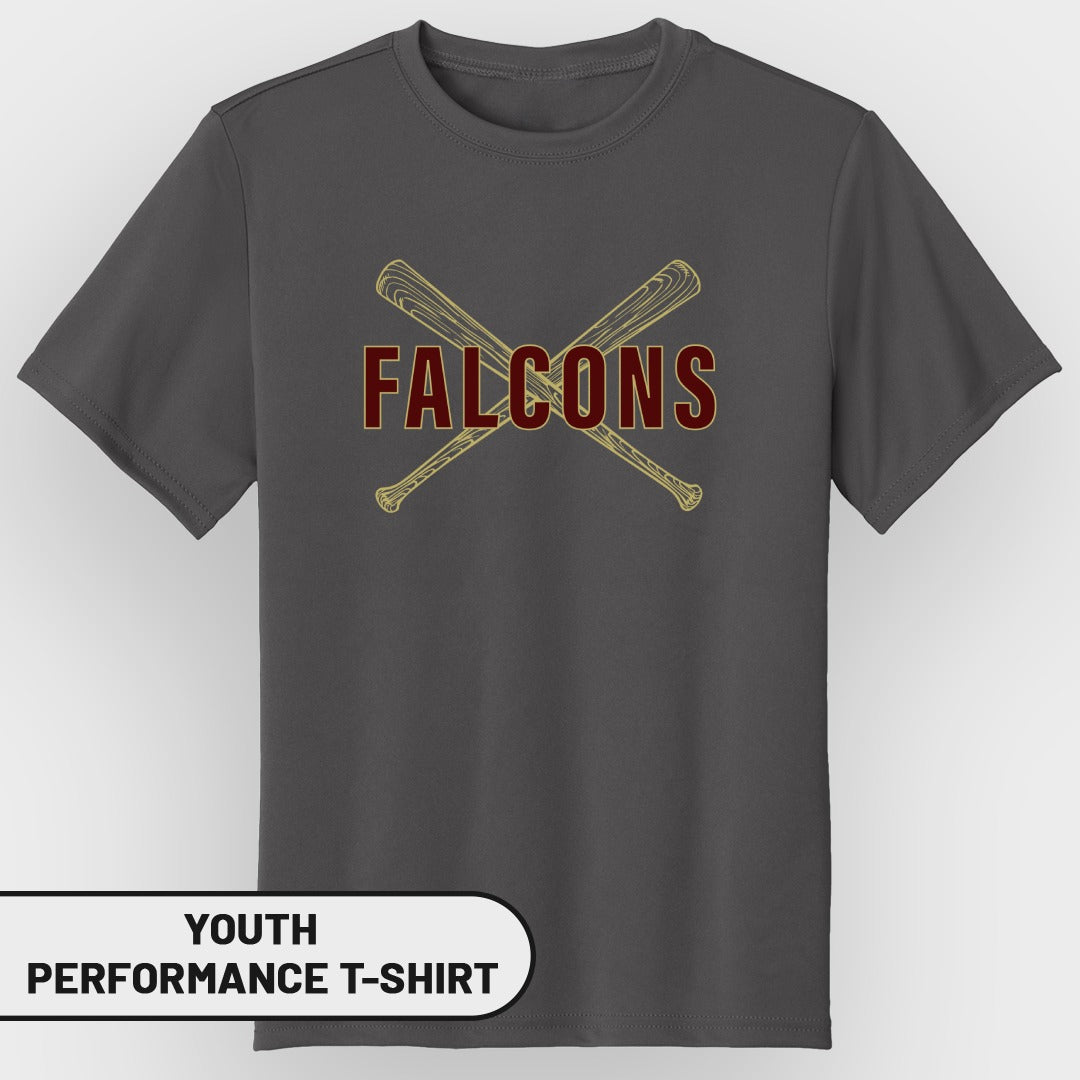 Dark grey youth performance t-shirt with "FALCONS" and crossed baseball bats graphic.