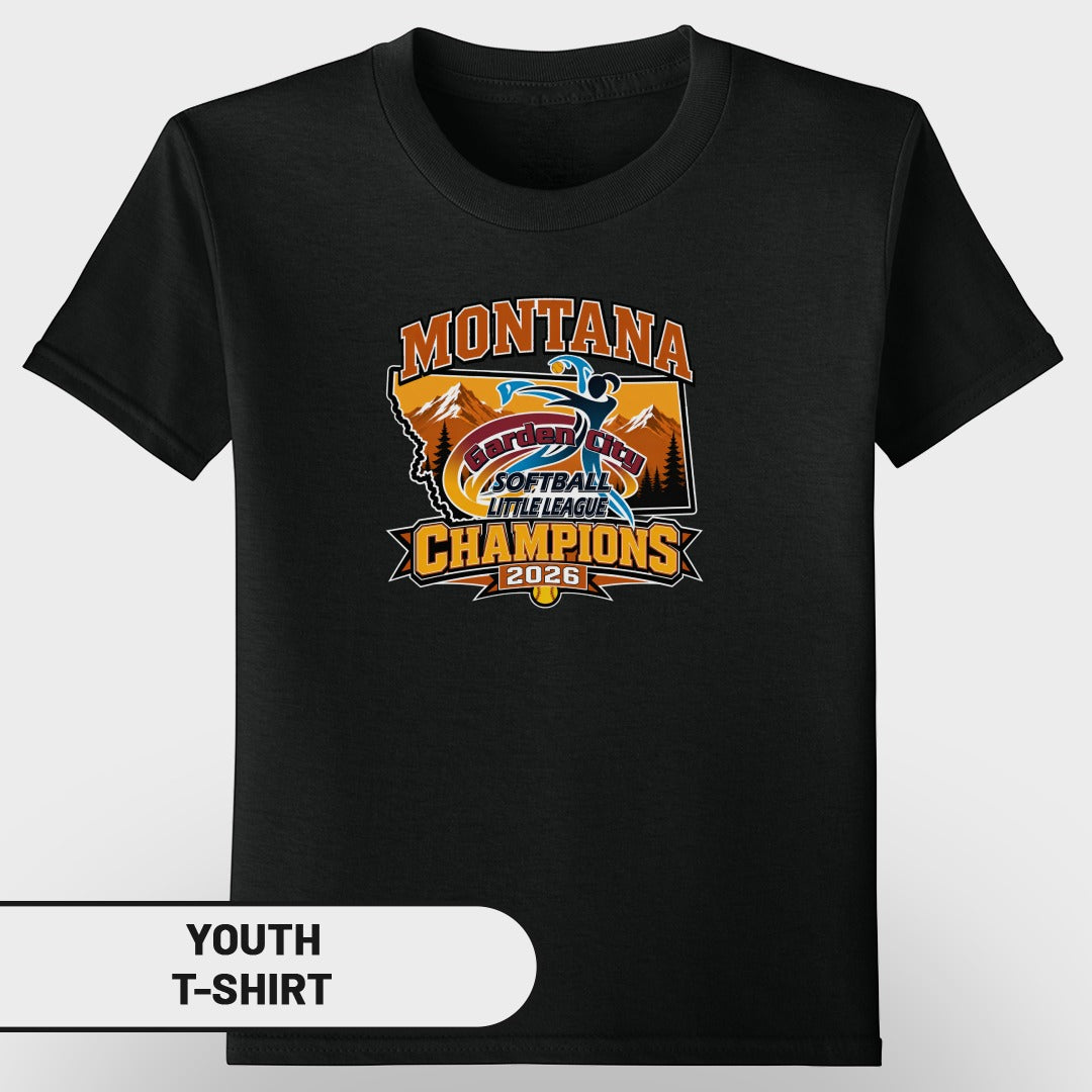 Black youth t-shirt with "Montana Garden City Softball Little League Champions 2026" graphic.