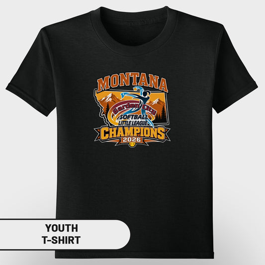 Black youth t-shirt with "Montana Garden City Softball Little League Champions 2026" graphic.