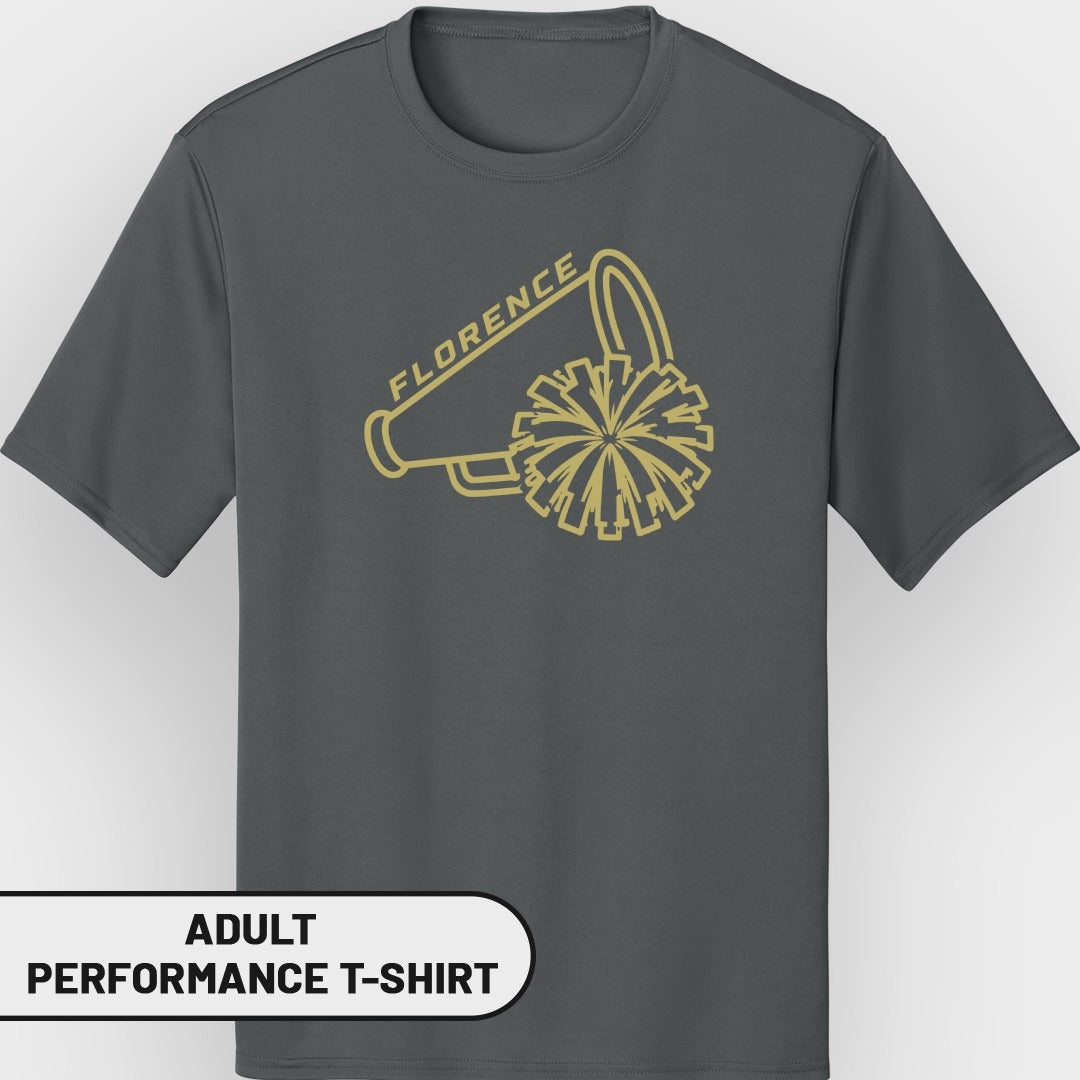 Dark gray adult performance t-shirt with gold Florence megaphone and pom-pom graphic.