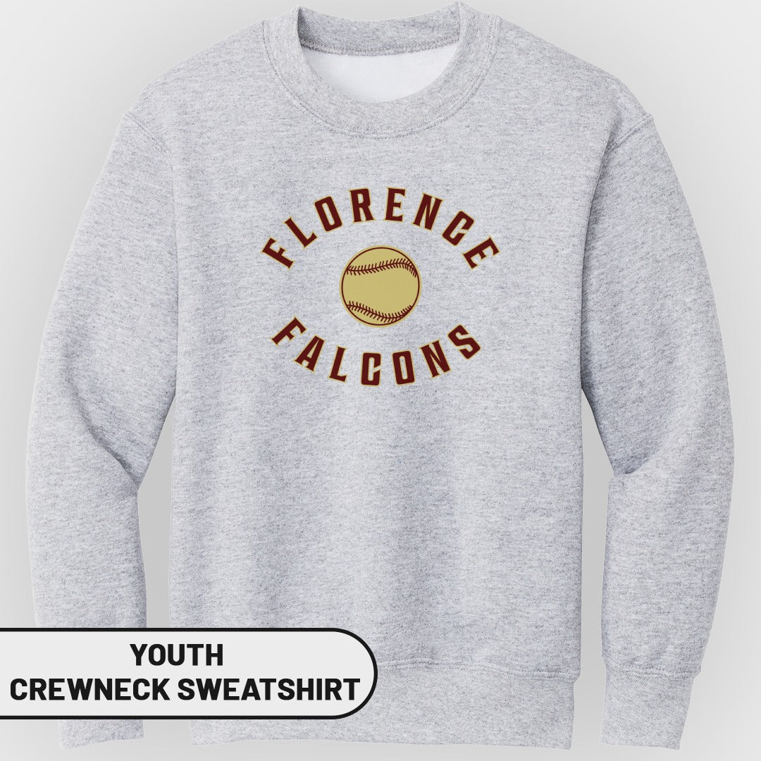 Youth crewneck sweatshirt with "Florence Falcons" and baseball graphic.