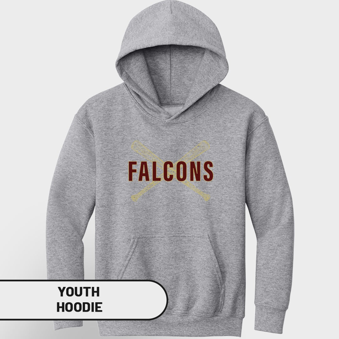 Gray youth hoodie with "FALCONS" and crossed baseball bats graphic.
