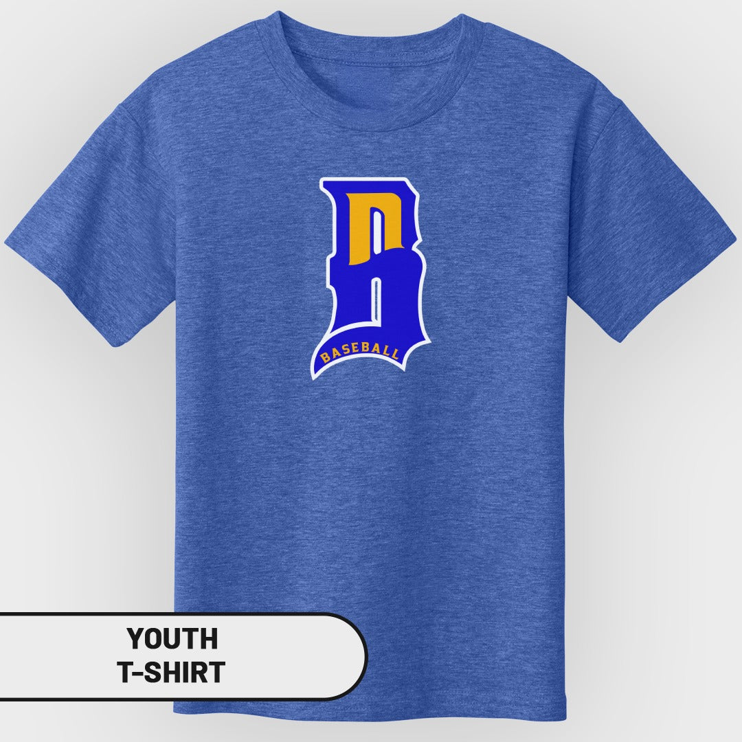 Youth t-shirt with a blue and gold "DB" baseball logo.
