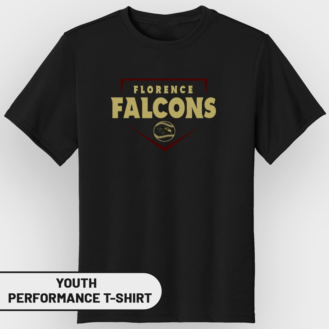 Black youth performance t-shirt with Florence Falcons baseball logo.