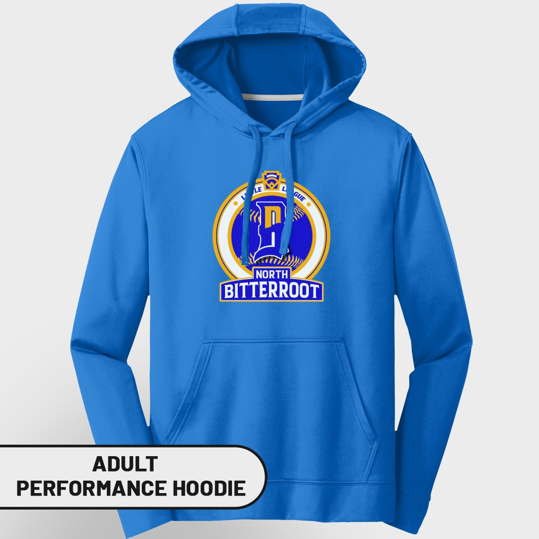 Blue adult performance hoodie with North Bitterroot league logo on chest.