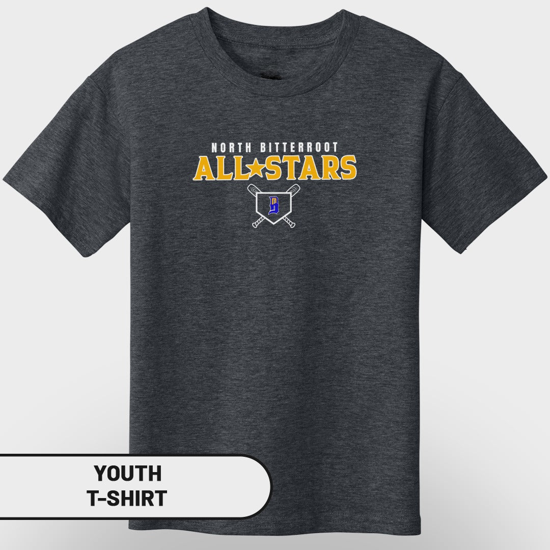 Dark grey youth t-shirt with "North Bitterroot All-Stars" and crossed baseball bats logo.