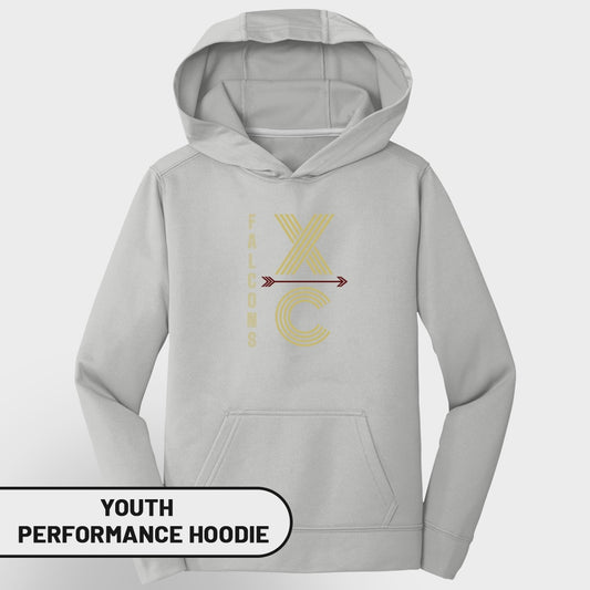 Light gray youth performance hoodie with "FALCONS XC" graphic.