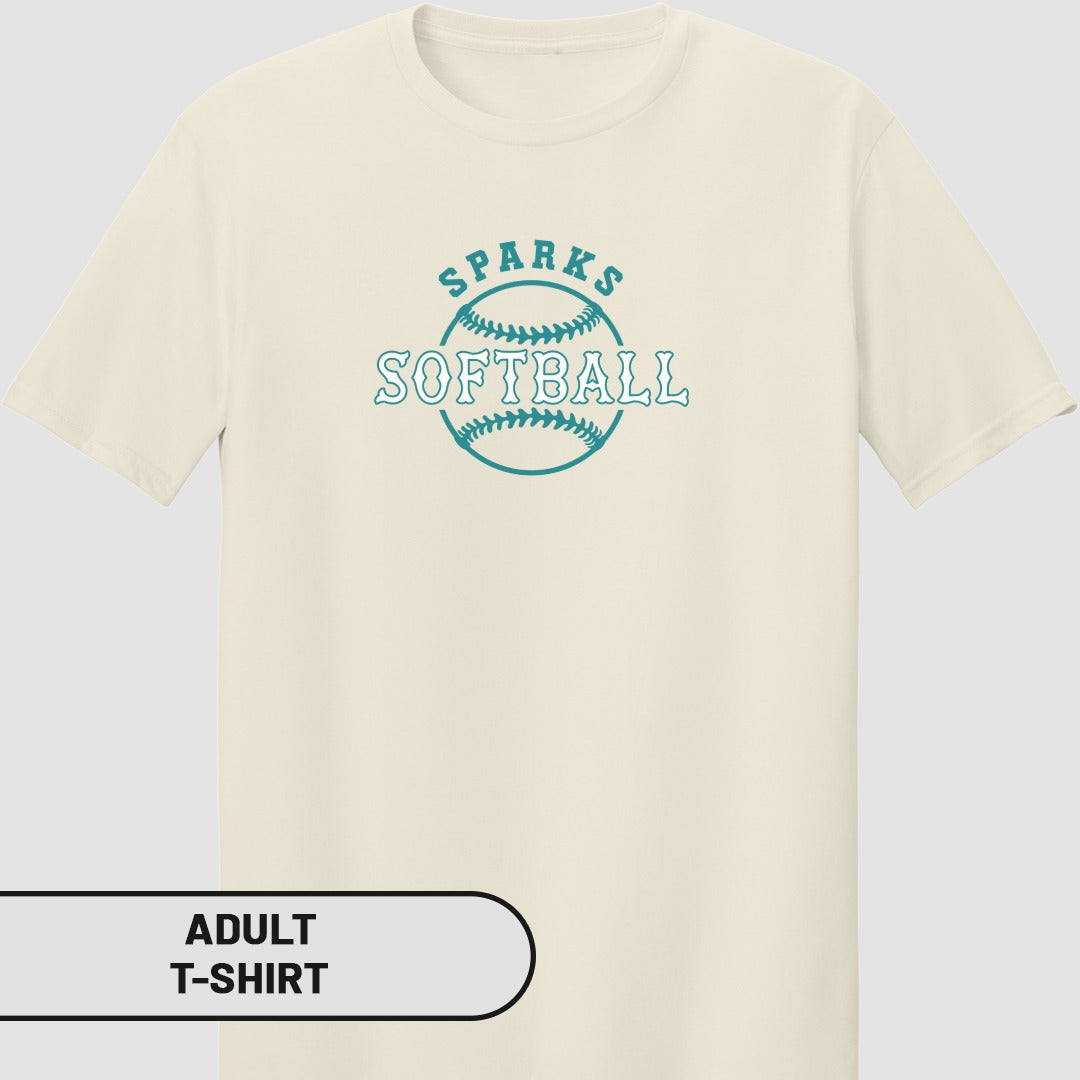 Cream t-shirt with "Sparks Softball" logo and "Adult T-Shirt" label.