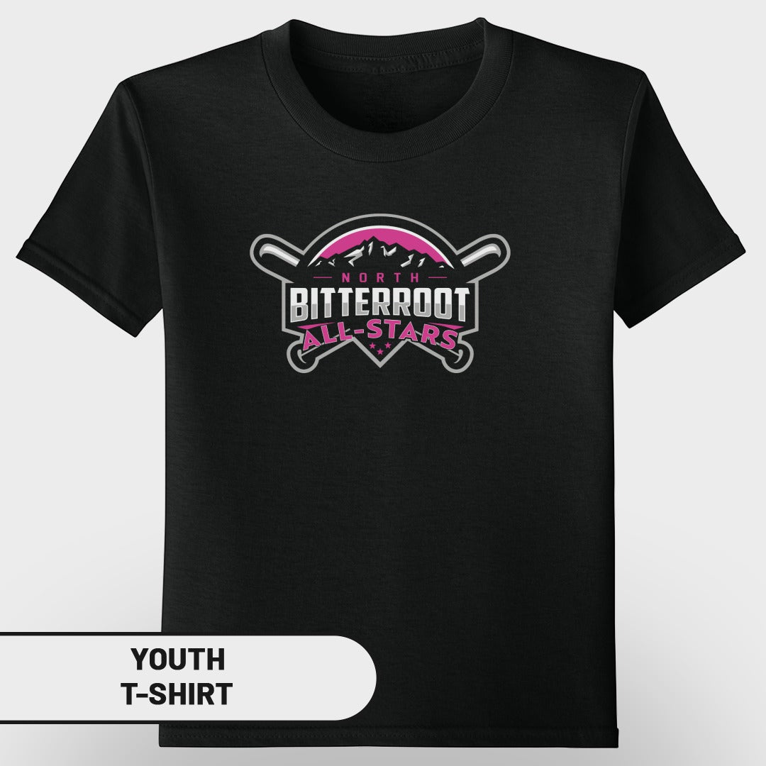 Black youth t-shirt with "North Bitterroot All-Stars" logo featuring crossed baseball bats and stars.
