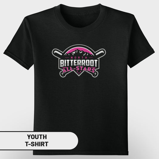 Black youth t-shirt with "North Bitterroot All-Stars" logo featuring crossed baseball bats and stars.