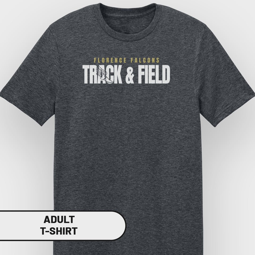 Florence Falcons Track & Field adult t-shirt with white and gold text.
