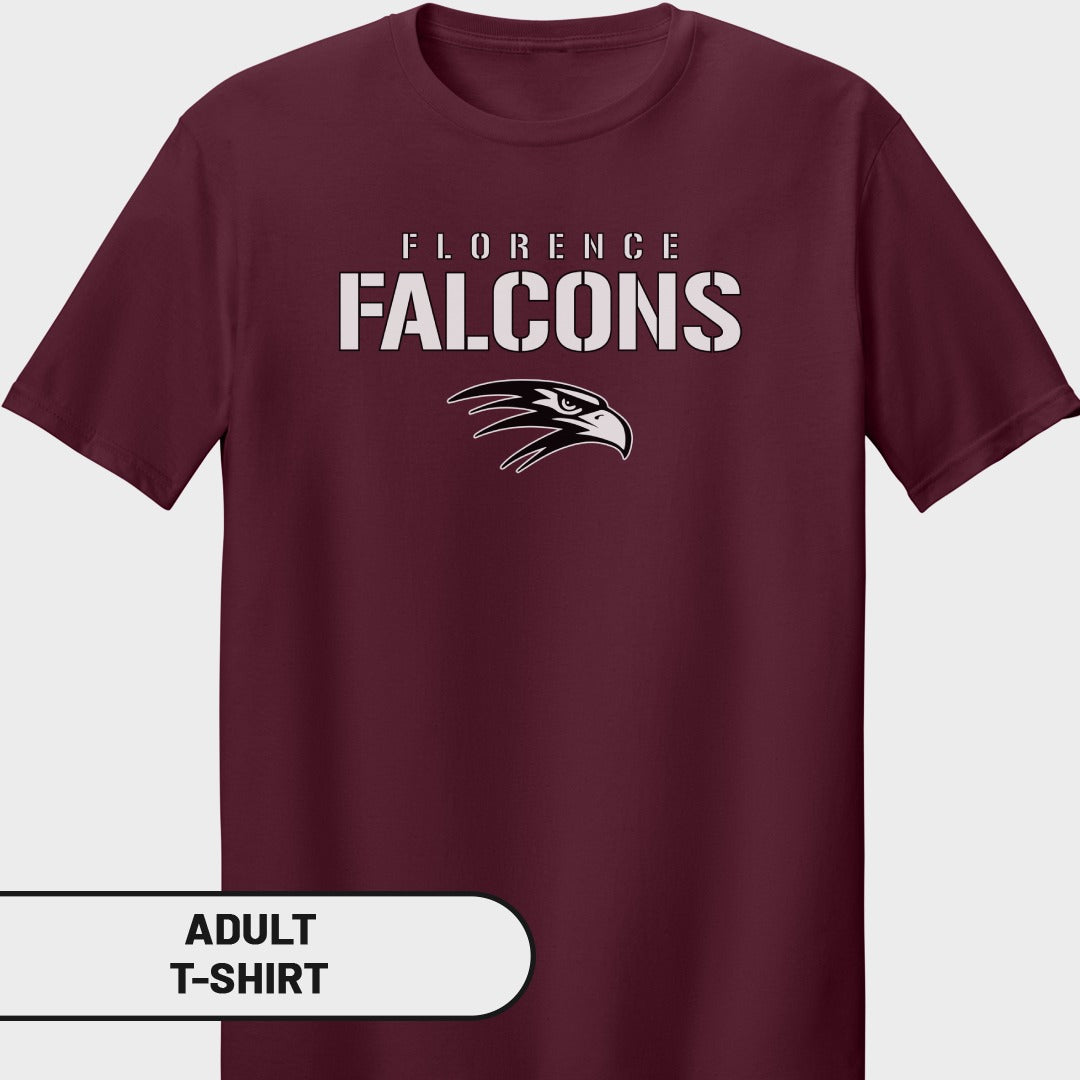 Maroon adult t-shirt with white "FLORENCE FALCONS" text and falcon logo.