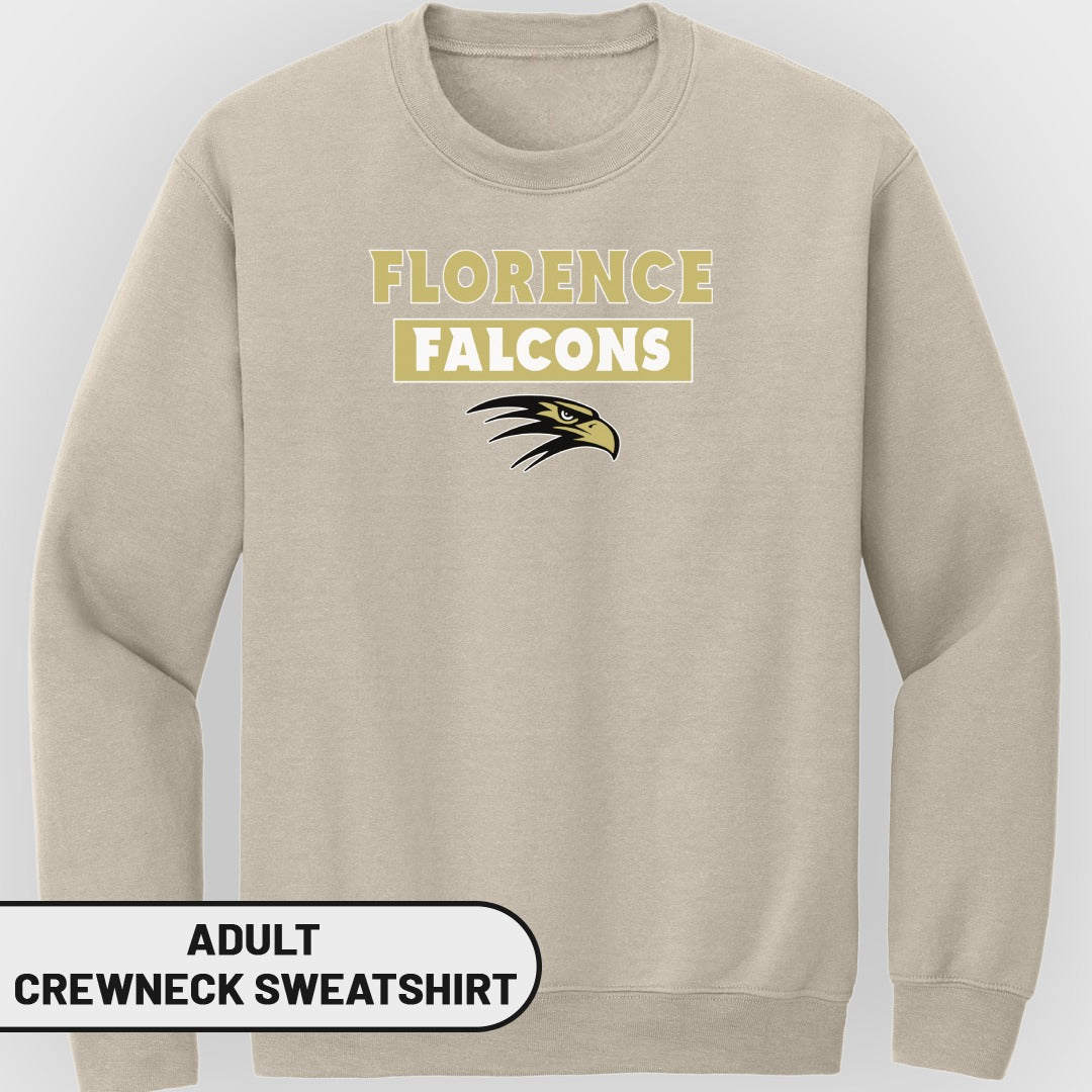 Adult tan crewneck sweatshirt with "Florence Falcons" text and falcon logo.