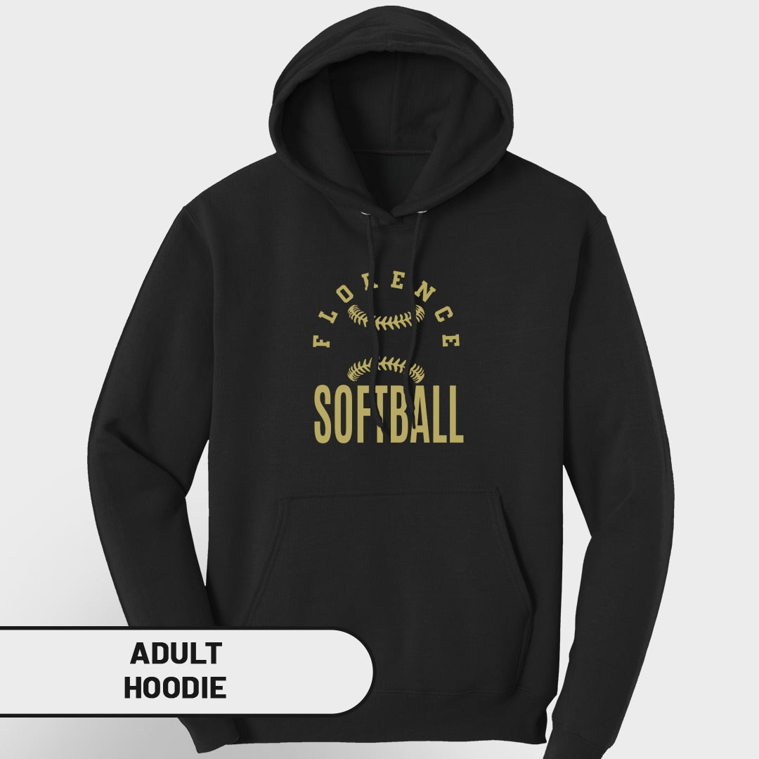 Black adult hoodie with "FLORENCE SOFTBALL" graphic in gold.