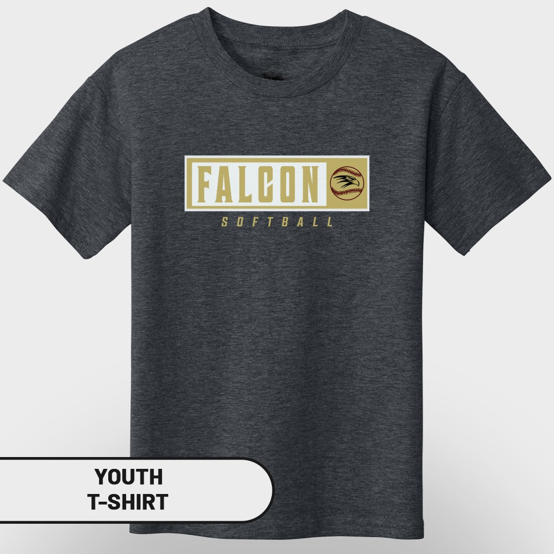 Dark grey youth t-shirt with "FALCON SOFTBALL" text and softball graphic.
