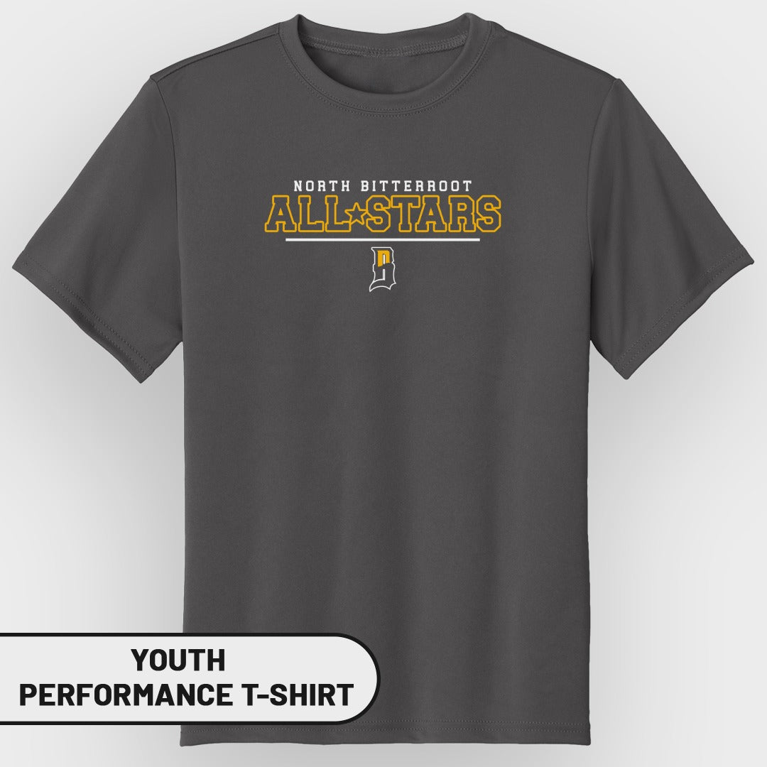 Dark grey youth performance t-shirt with "North Bitterroot All-Stars" text.
