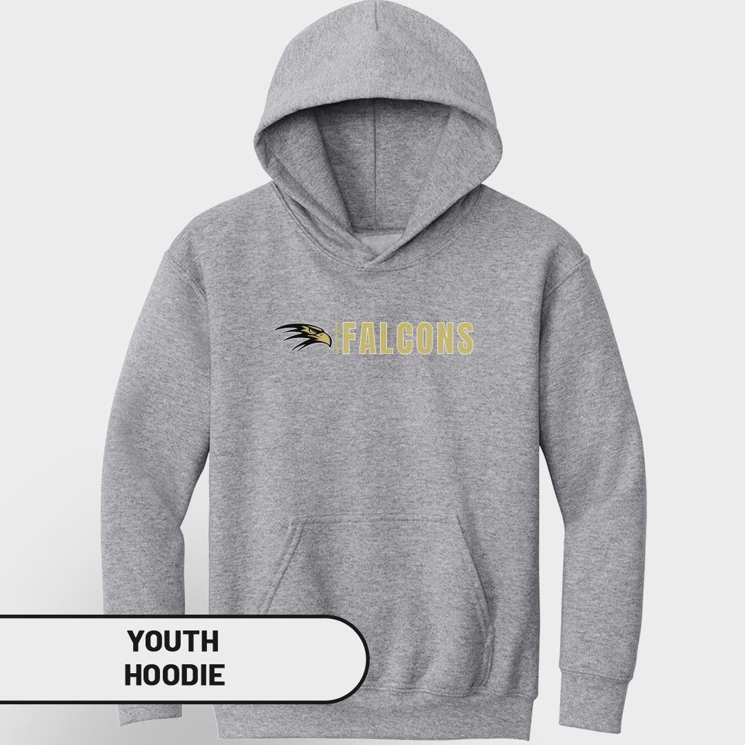 Youth grey hoodie with "FALCONS" text and a falcon graphic.