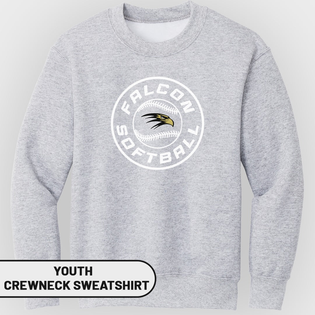Grey youth crewneck sweatshirt with a white circular logo featuring "Falcon Softball" and a falcon head.