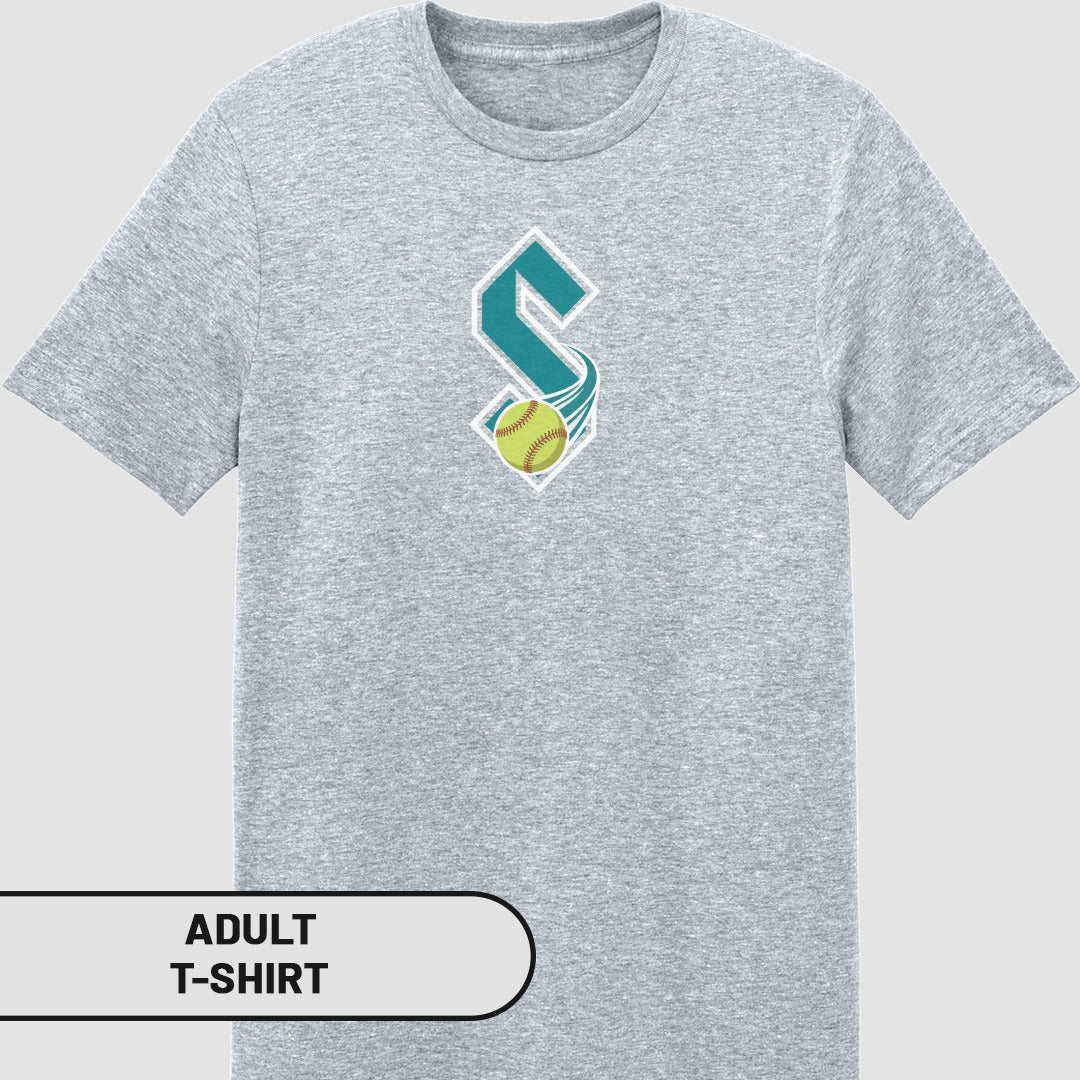 Gray adult t-shirt with a stylized 'S' logo and a softball.