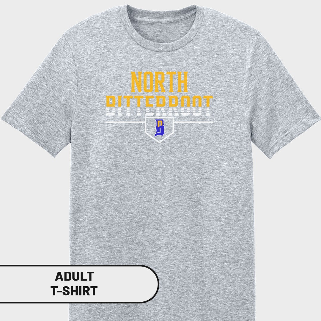 Gray adult t-shirt with "NORTH BITTERROOT" and a blue "D" logo.