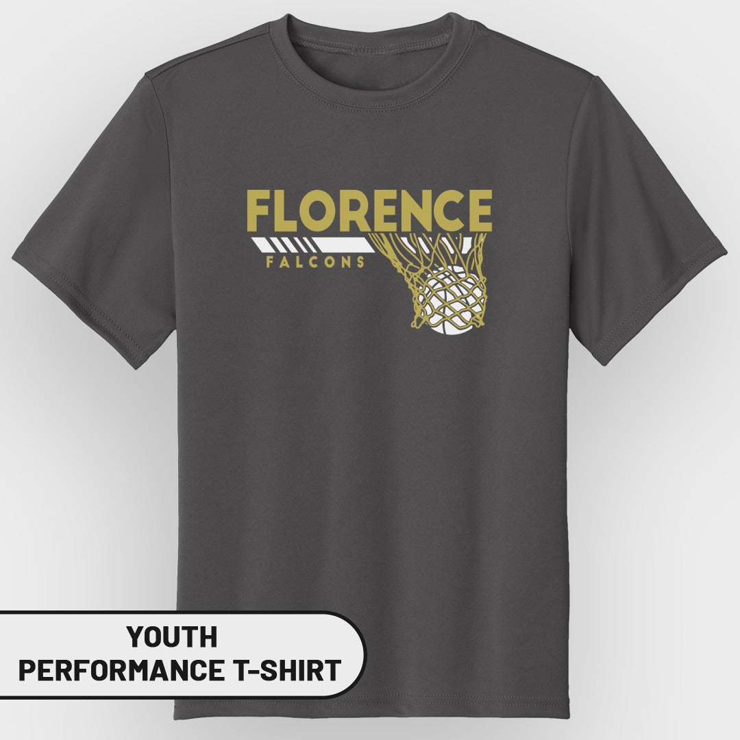 Youth performance t-shirt with Florence Falcons basketball graphic.