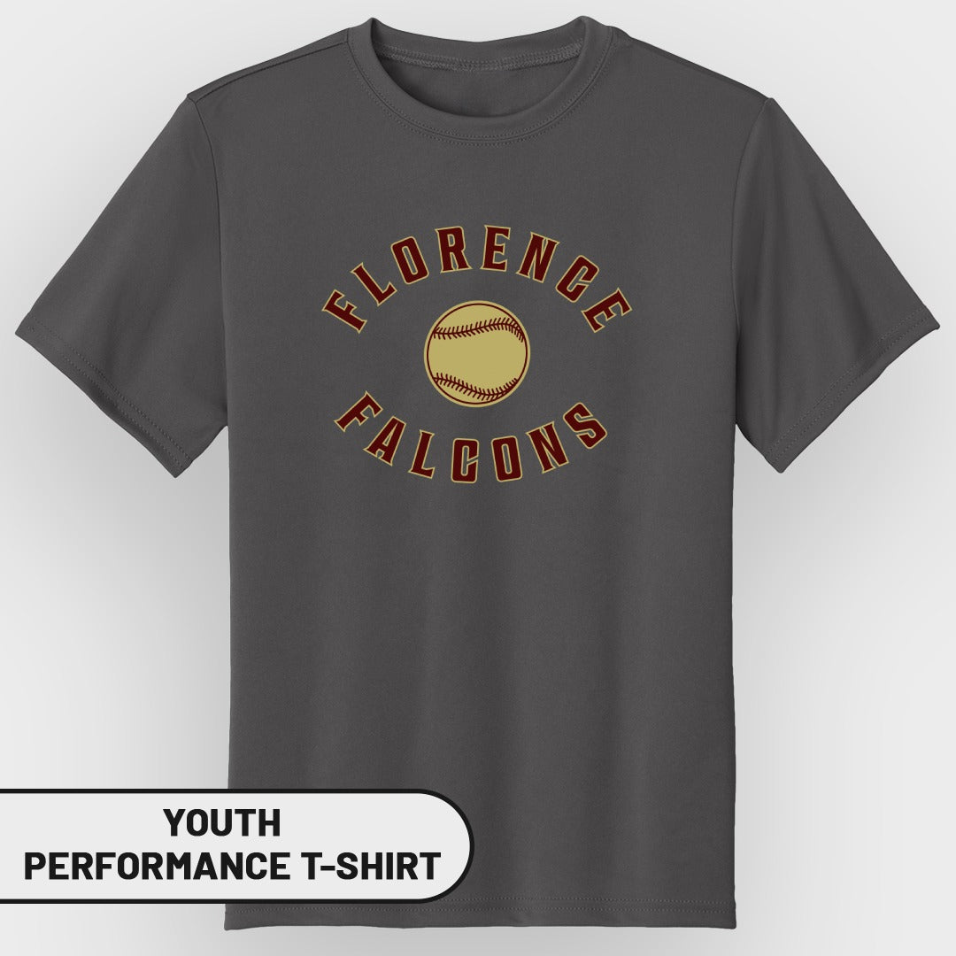 Gray youth performance t-shirt with "Florence Falcons" and baseball graphic.