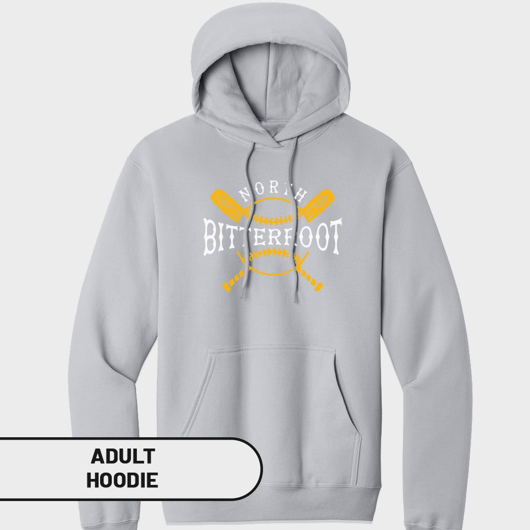 Light gray adult hoodie with "NORTH BITTEROOT" and crossed baseball bats design.