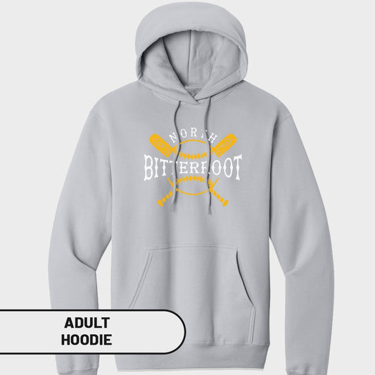 Light gray adult hoodie with "NORTH BITTEROOT" and crossed baseball bats design.