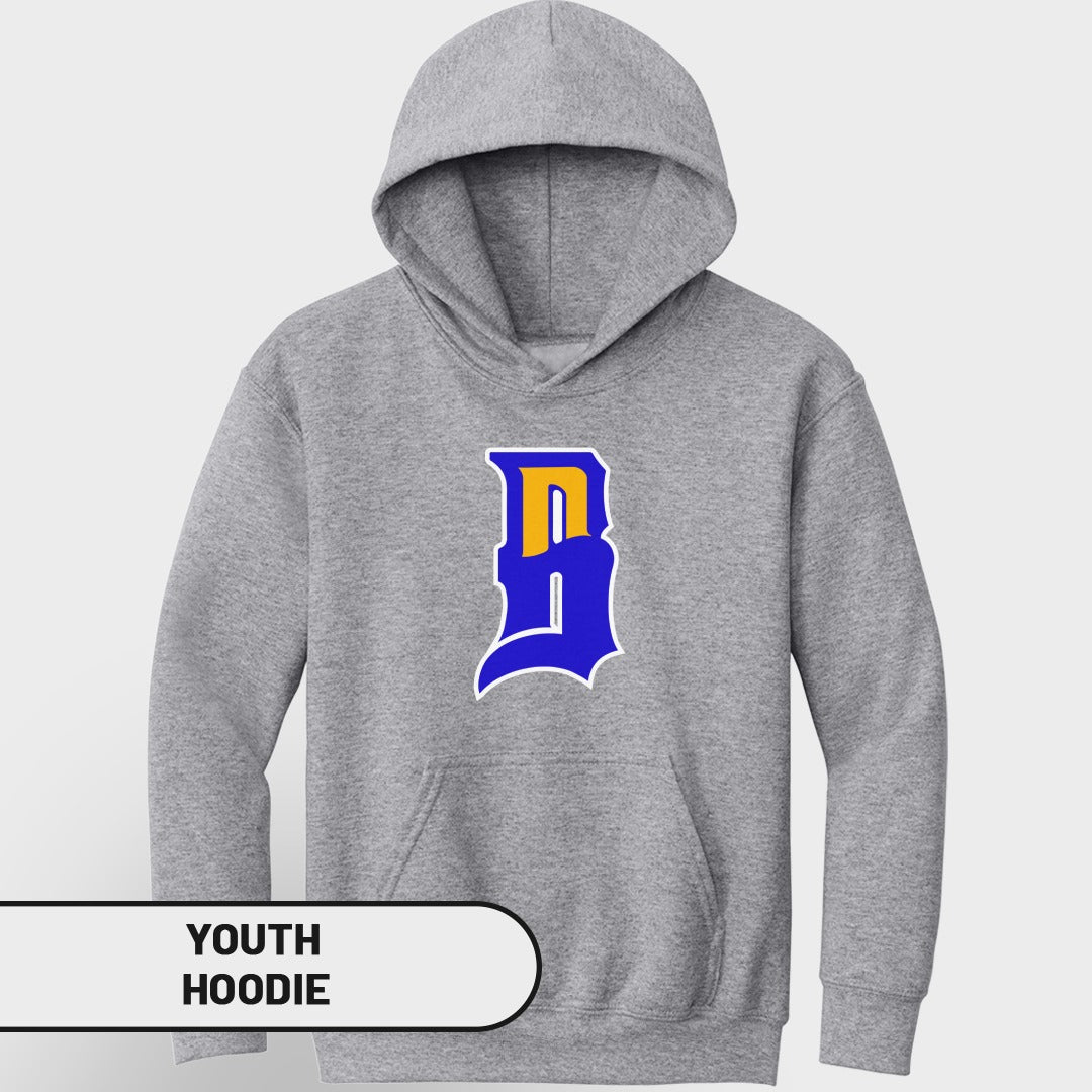 Gray youth hoodie with a blue and yellow "B" logo.