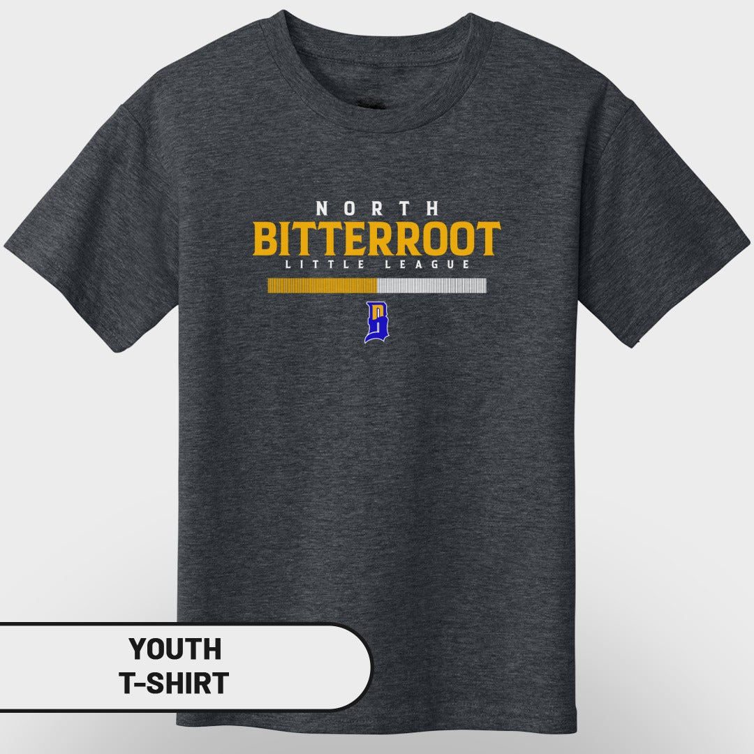 Youth t-shirt with "NORTH BITTERROOT LITTLE LEAGUE" in yellow and white text.