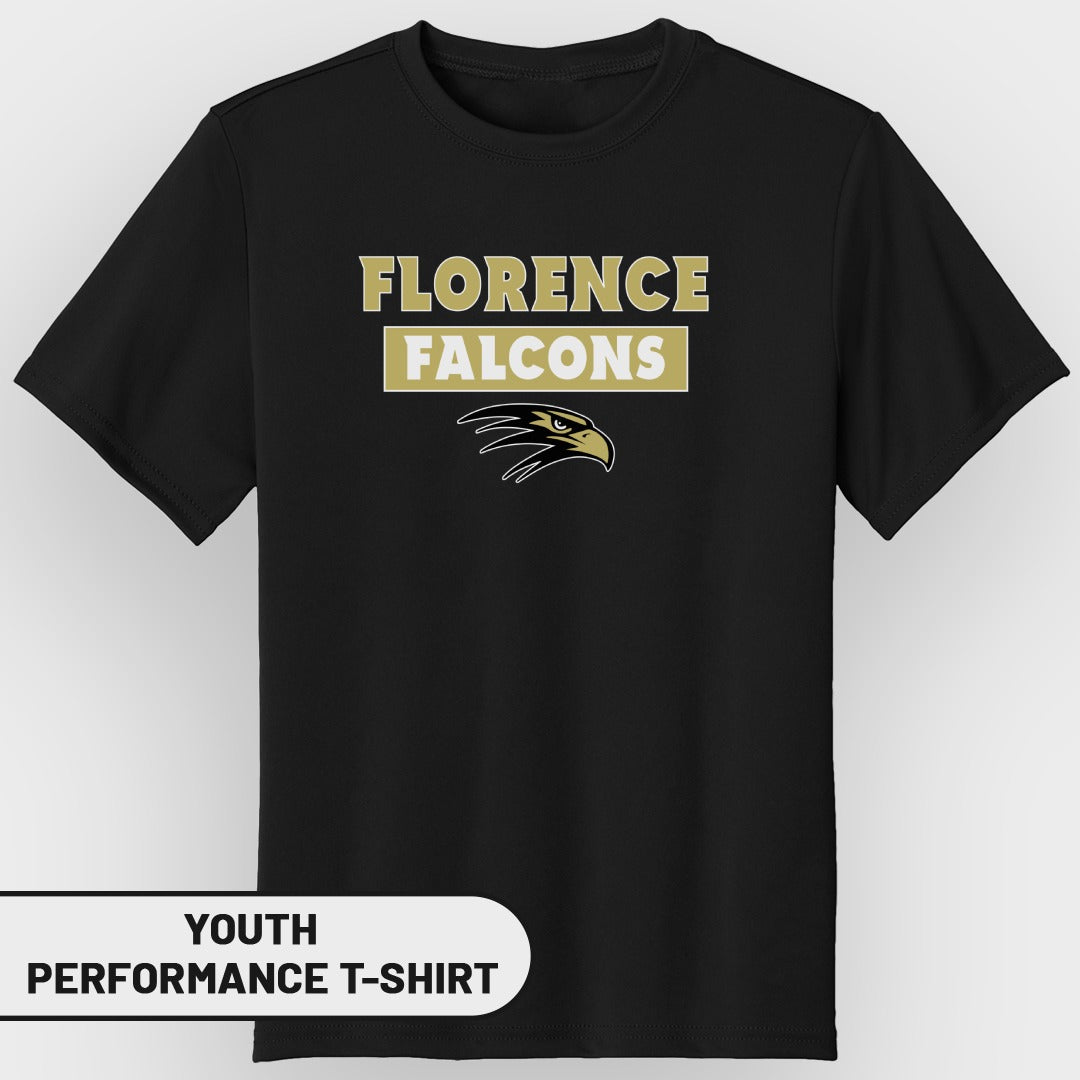 Black youth performance t-shirt with "Florence Falcons" text and eagle logo.