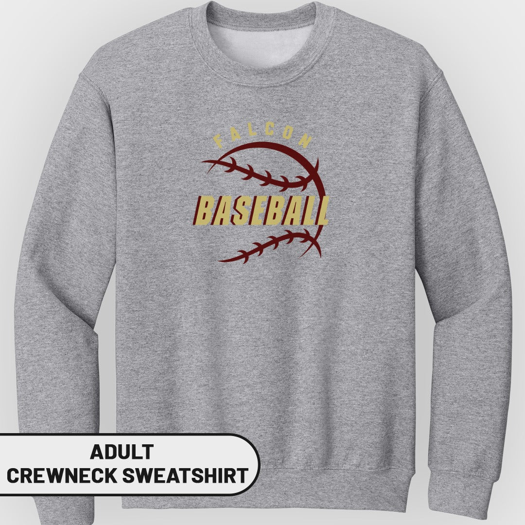 Adult grey crewneck sweatshirt with "FALCON BASEBALL" graphic and baseball stitching.