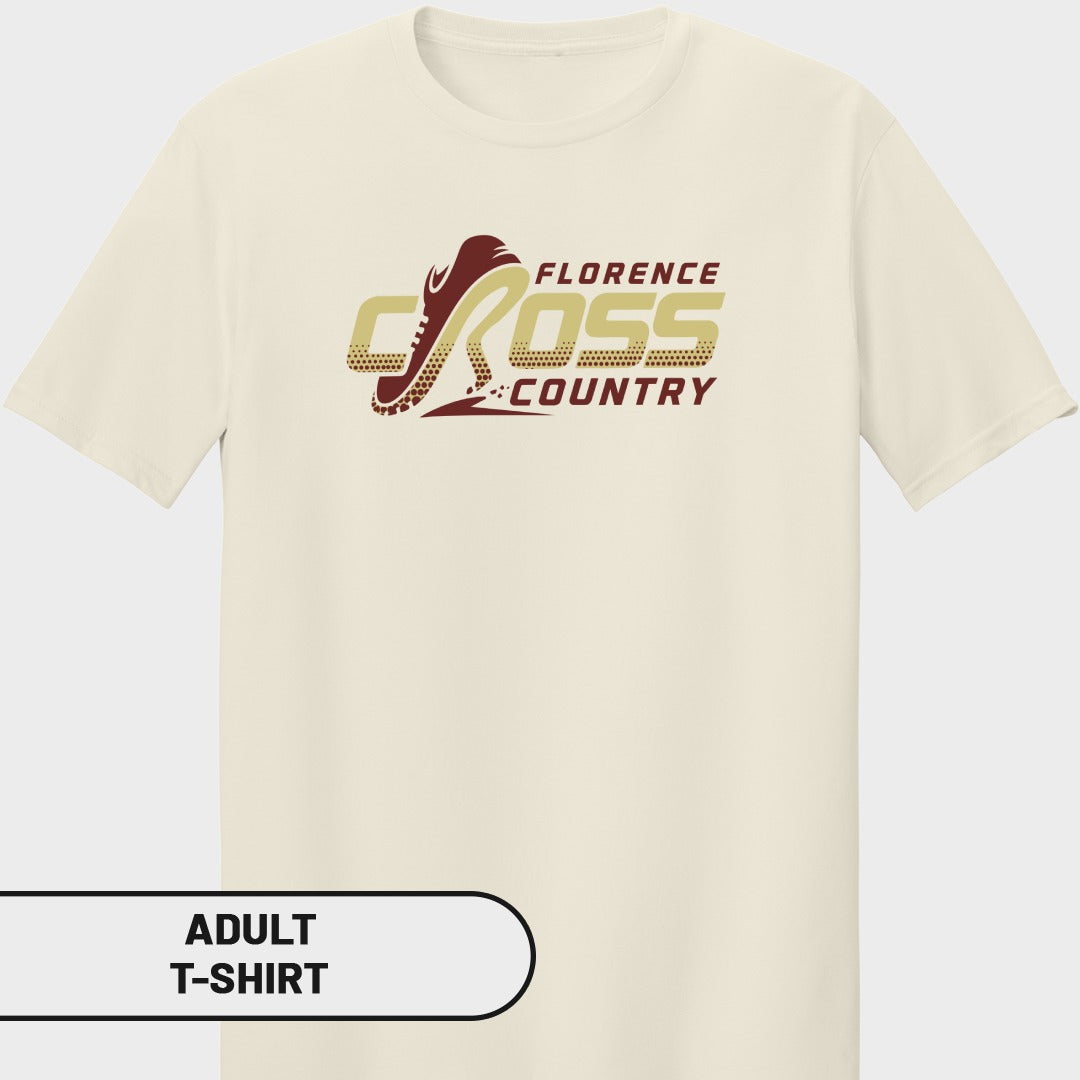 Cream t-shirt with "Florence Cross Country" logo featuring a running shoe.