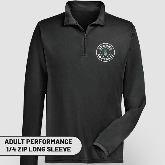 Black adult performance 1/4 zip long sleeve shirt with Sparks Softball logo.