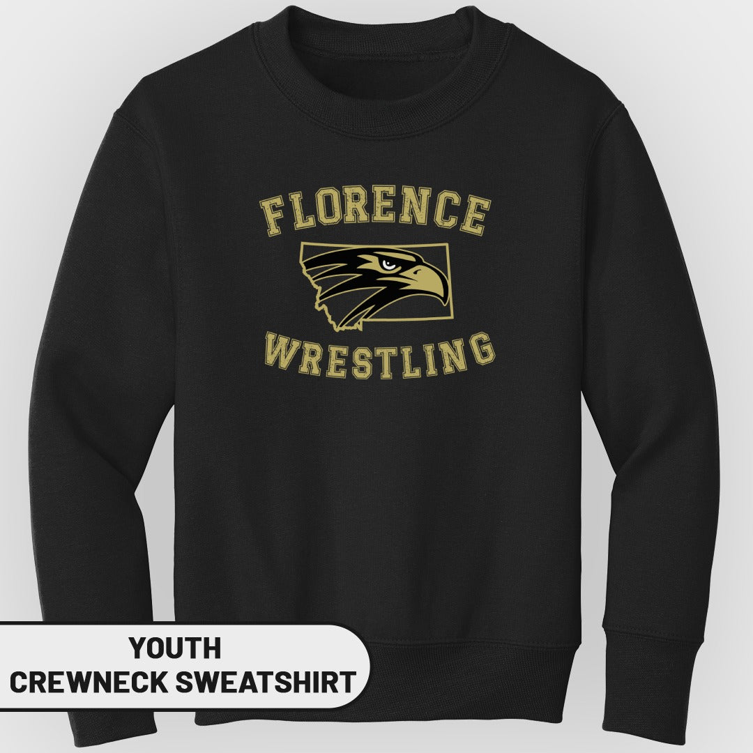 Black youth crewneck sweatshirt with "Florence Wrestling" and eagle logo.