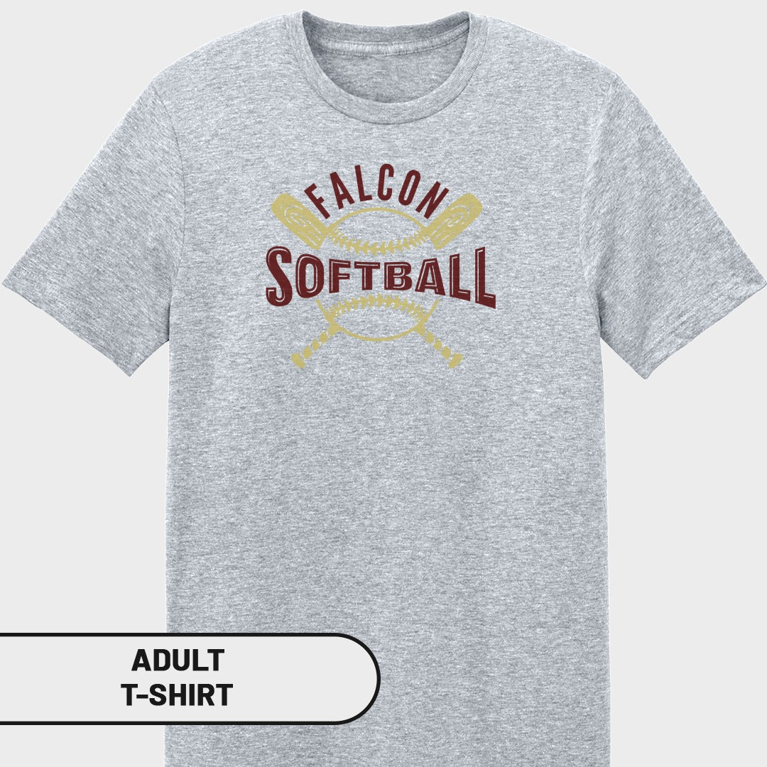 Grey adult t-shirt with "Falcon Softball" text and baseball graphics.