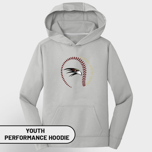 Light grey youth performance hoodie with baseball and falcon logo.