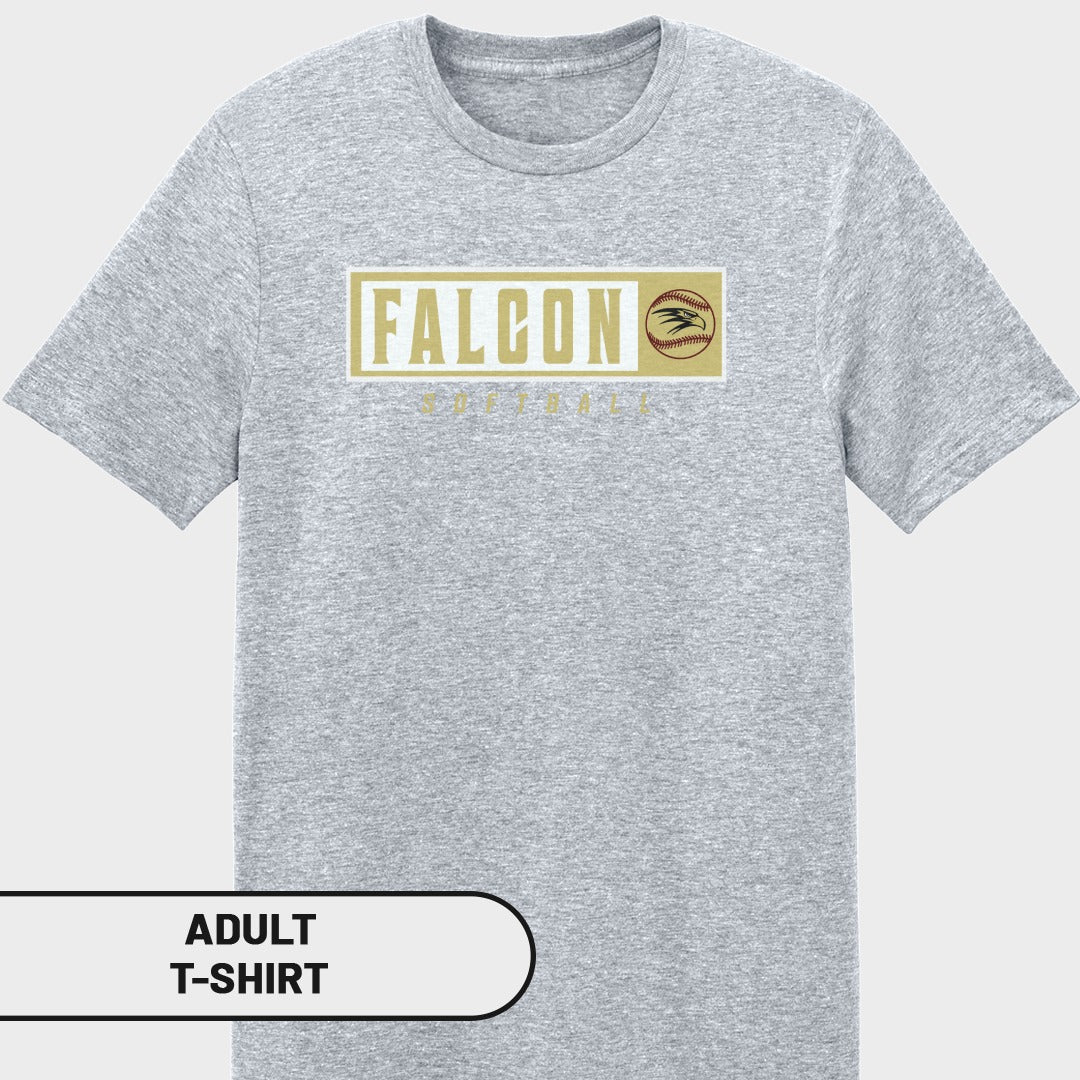 Grey adult t-shirt with "FALCON SOFTBALL" and baseball graphic.