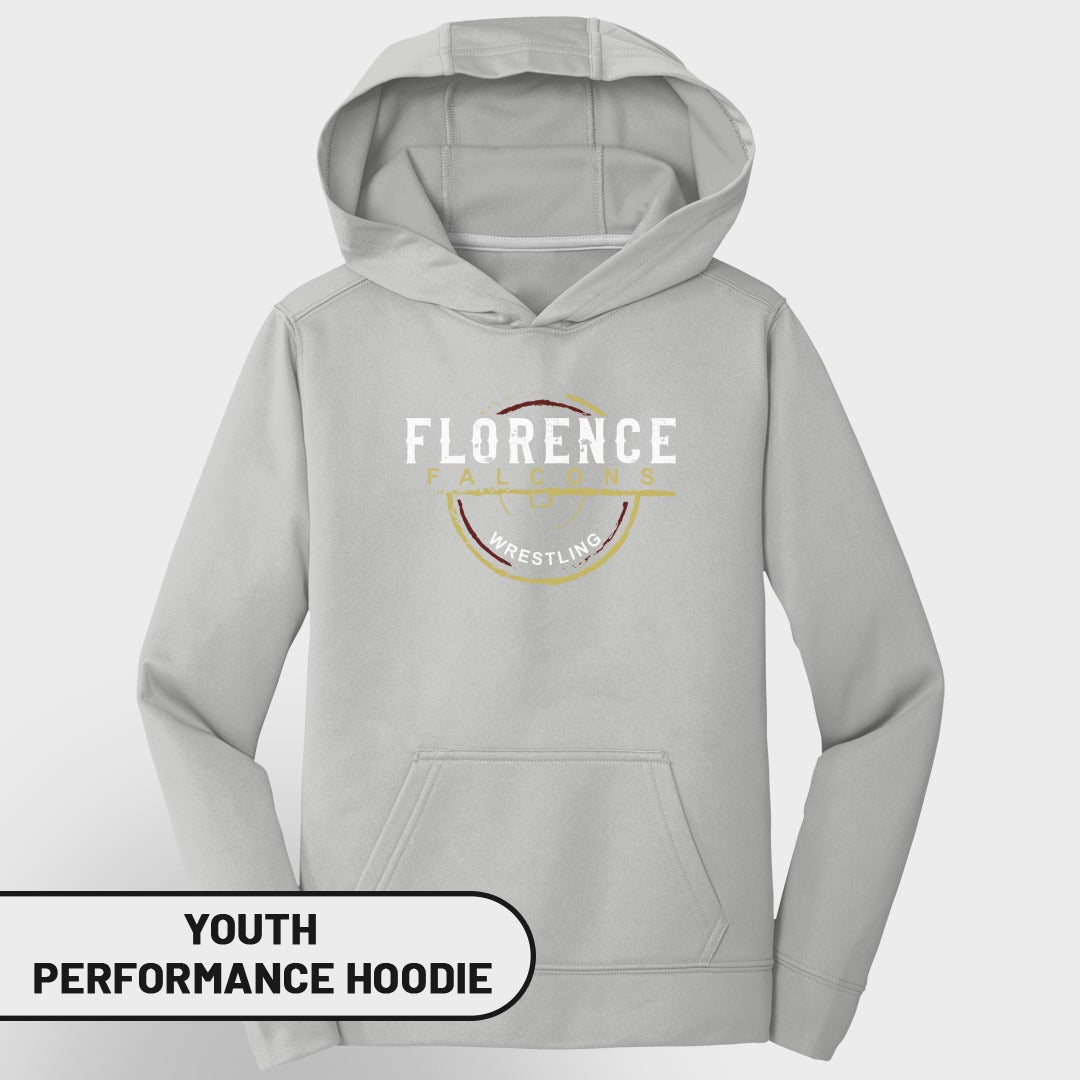 Light grey youth performance hoodie with Florence Falcons Wrestling logo.